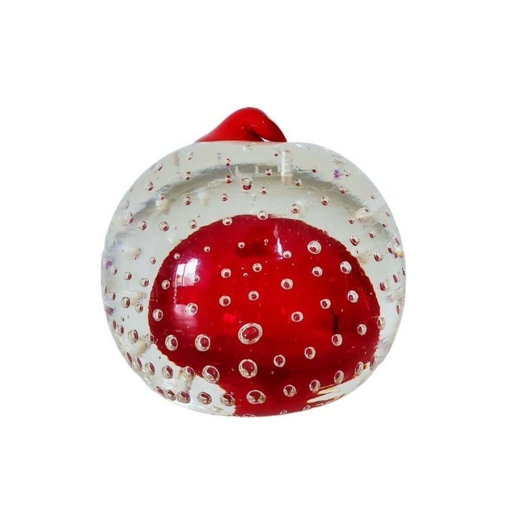 Art Glass Bullicante Controlled Bubbles Clear & Candy Apple Red Paperweight